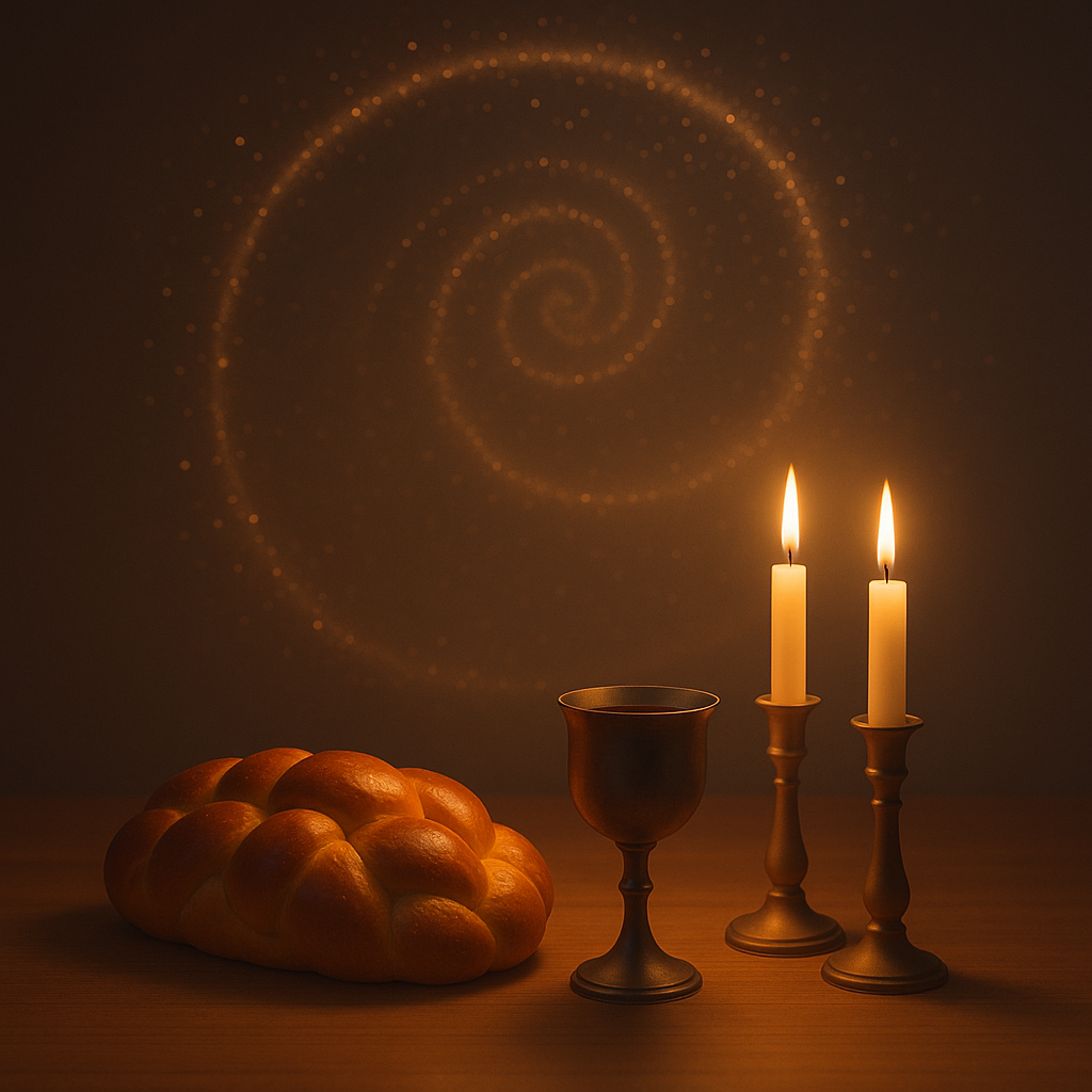 picture of shabbat table with challah bread, wine, and 2 lit candles