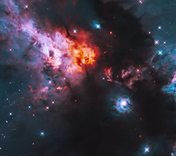 The Cepheus A region is home to a number of infant stars, including a protostar that is responsible for much of the region’s illumination. NASA, ESA, and R. Fedriani (Instituto de Astrofisica de Andalucia); Processing: Gladys Kober (NASA/Catholic University of America) Photo from https://science.nasa.gov/missions/hubble/hubble-snaps-stellar-baby-pictures/