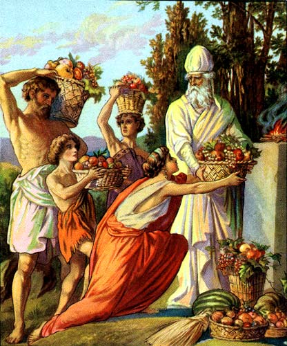 Offering of the Firstfruits (illustration from a Bible card published between 1896 and 1913 by the Providence Lithograph Company) - from Wikipedia