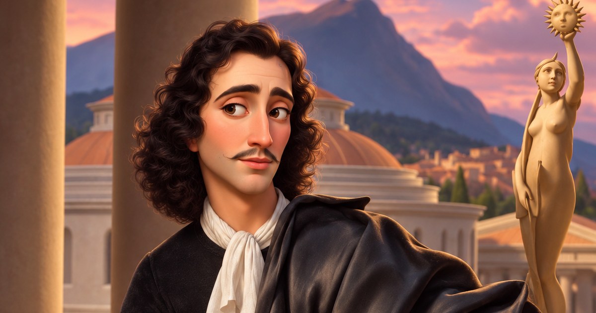 An illustrated portrait of Baruch Spinoza at dusk, a sunlit statue beside him.