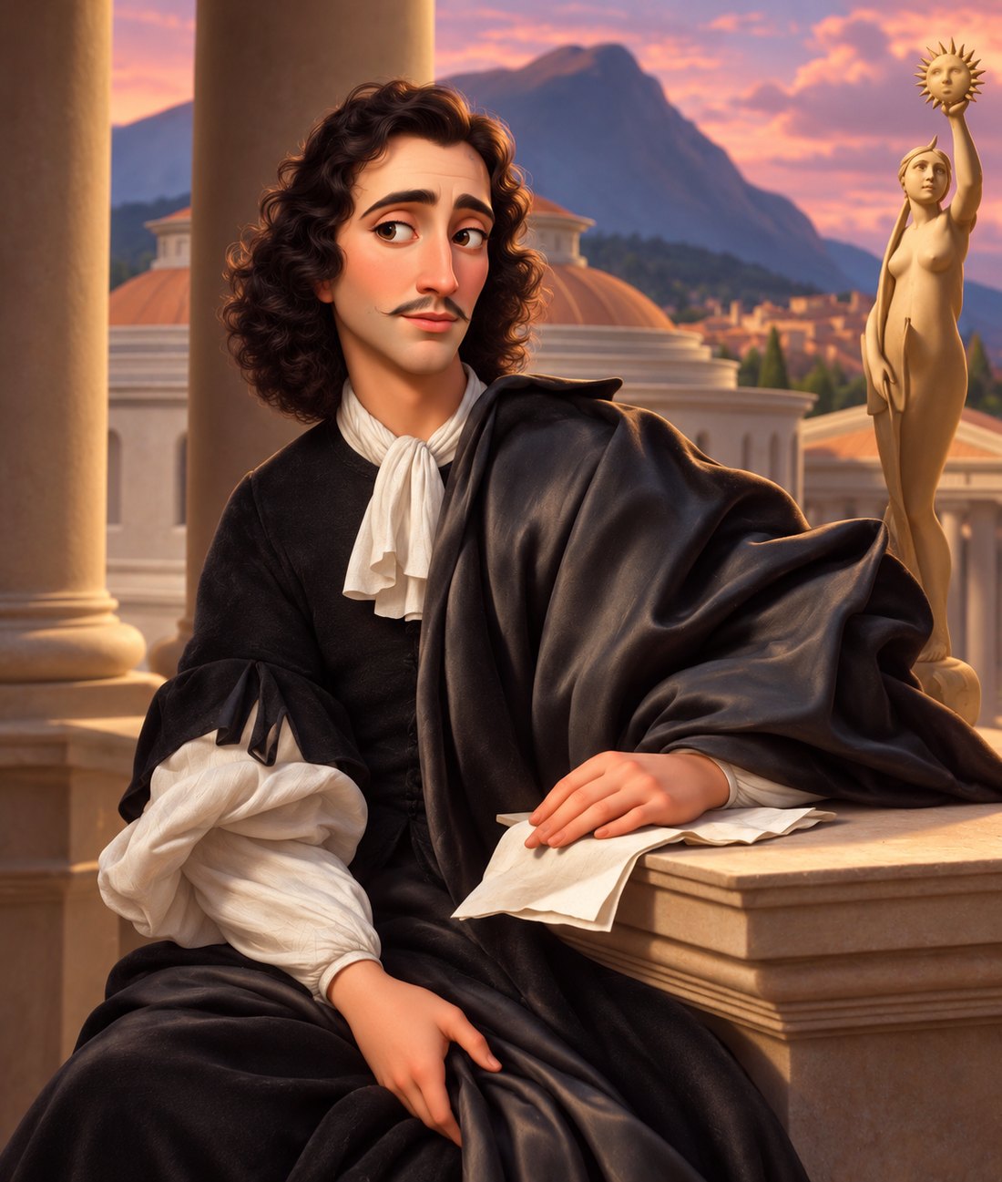 An illustrated portrait of Baruch Spinoza in a dark cloak, seated on a terrace at dusk.