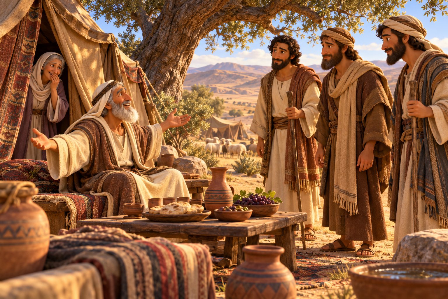 An illustration of Avraham seated outside a woven tent under a great oak, arms open in welcome to three travellers with staffs, while Sarah, half-hidden in the tent doorway, covers a smile with her hand.
